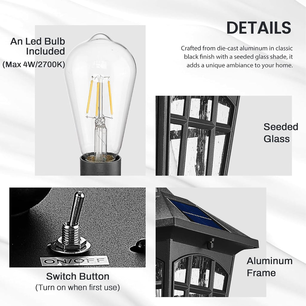 Black Solar Outdoor Wall Sconce with Seeded Glass