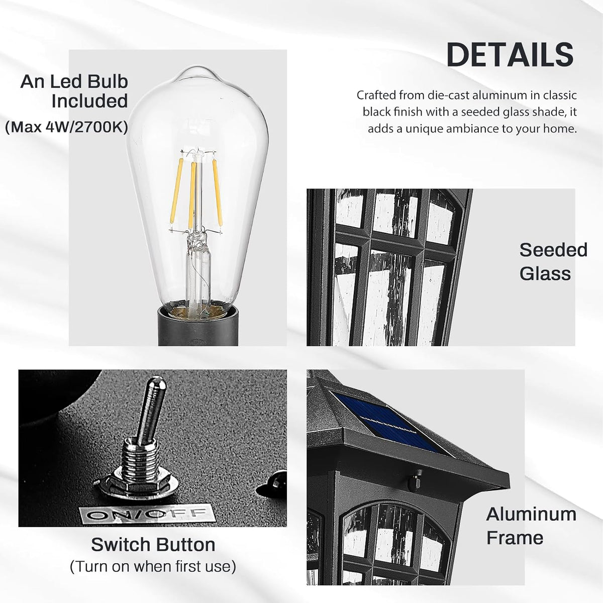 Black Solar Outdoor Wall Sconce with Seeded Glass