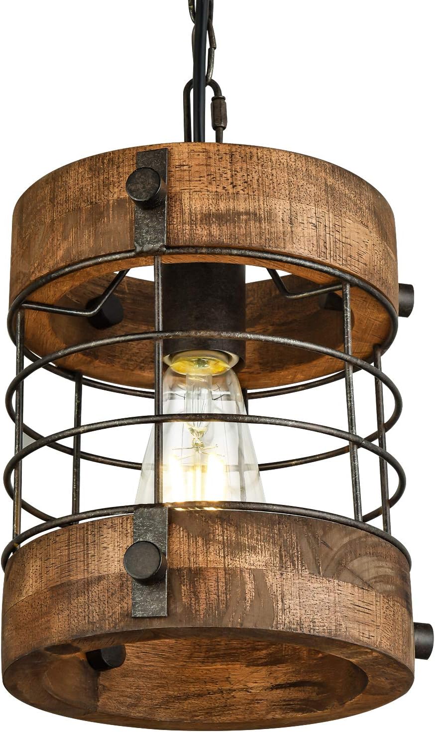Retro‑Industrial 1‑Light Wood‑Metal Cage Pendant Light