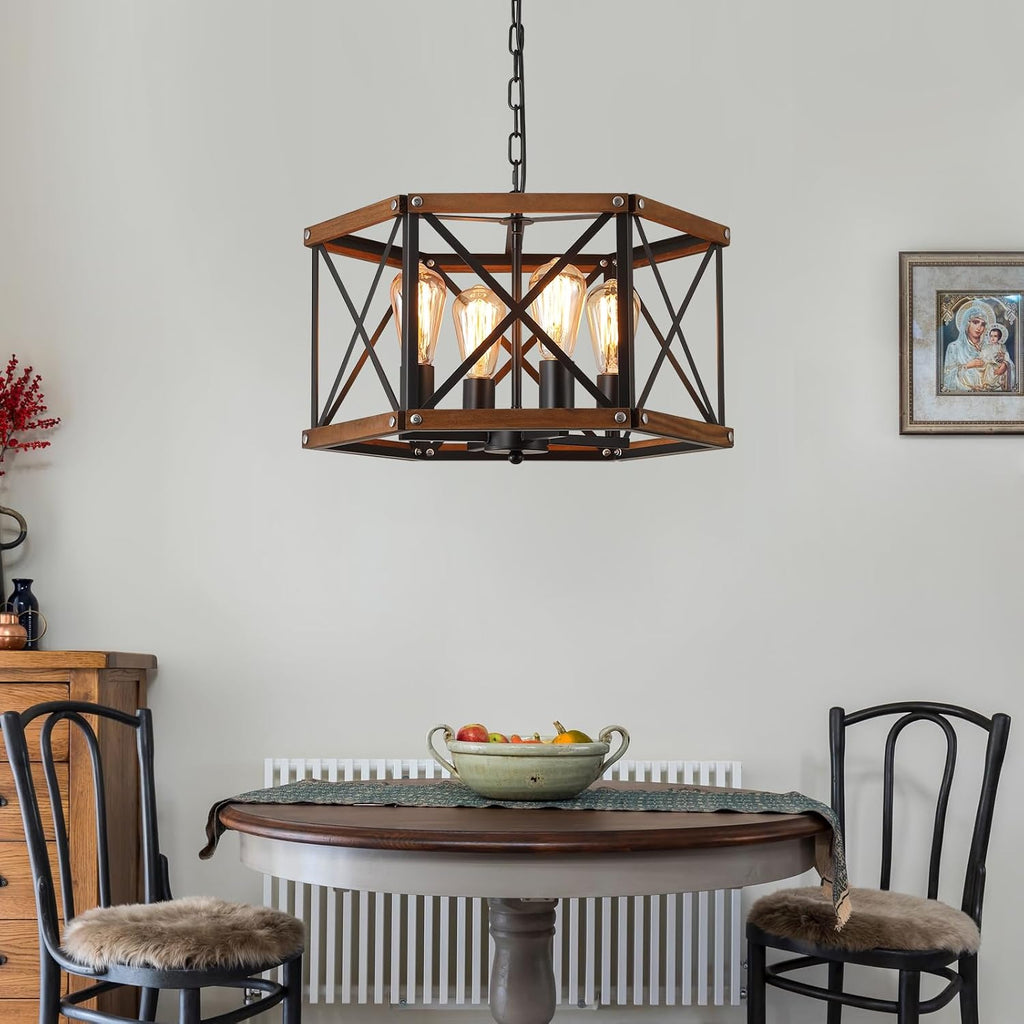 Black Farmhouse 4‑Light Wood Cage Pendant Light