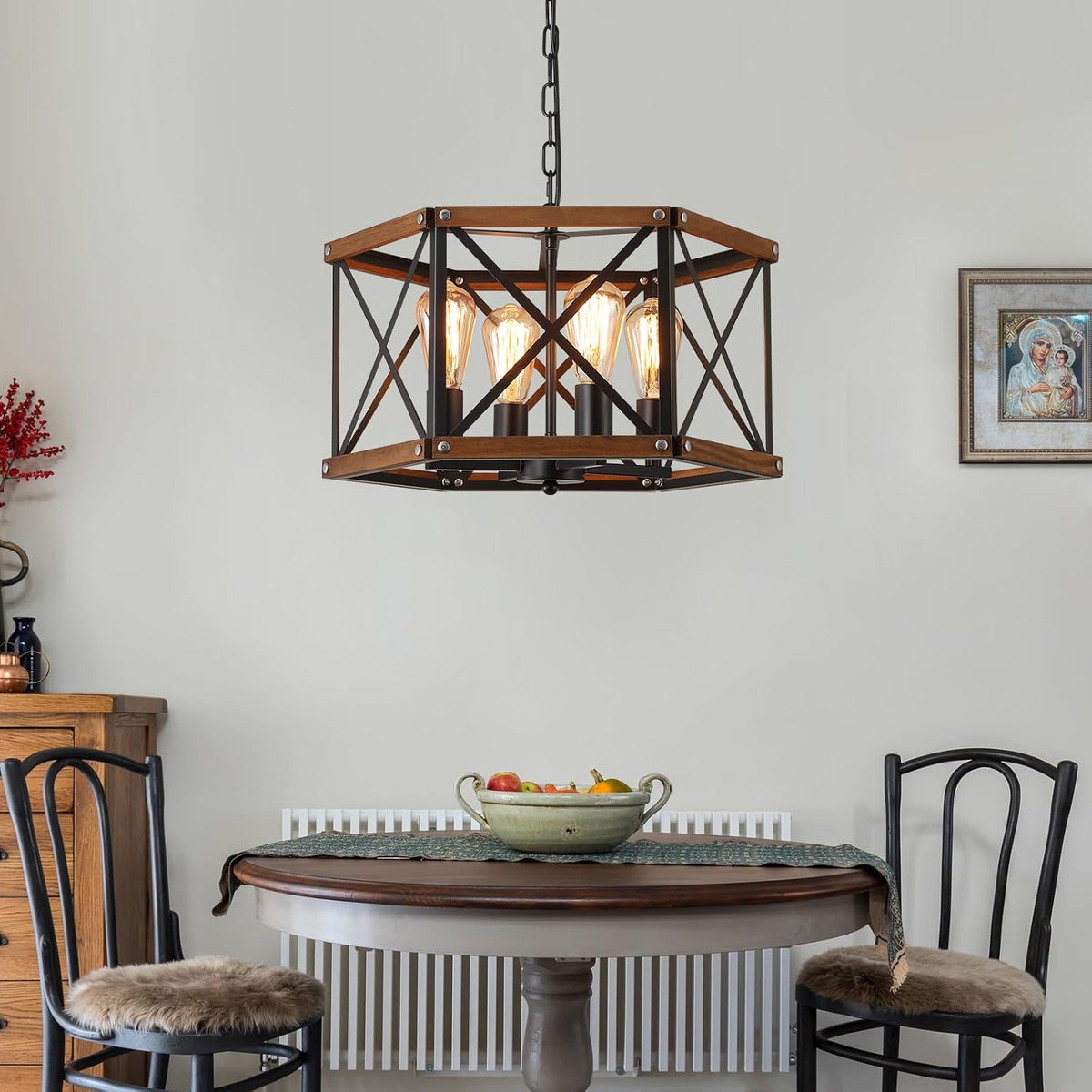 Black Farmhouse 4‑Light Wood Cage Pendant Light