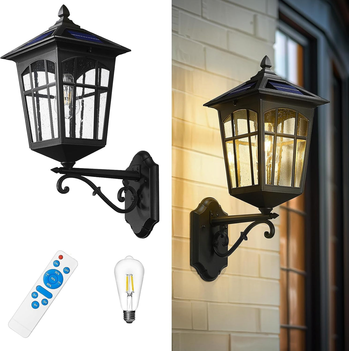 Black Solar Outdoor Wall Sconce with Seeded Glass