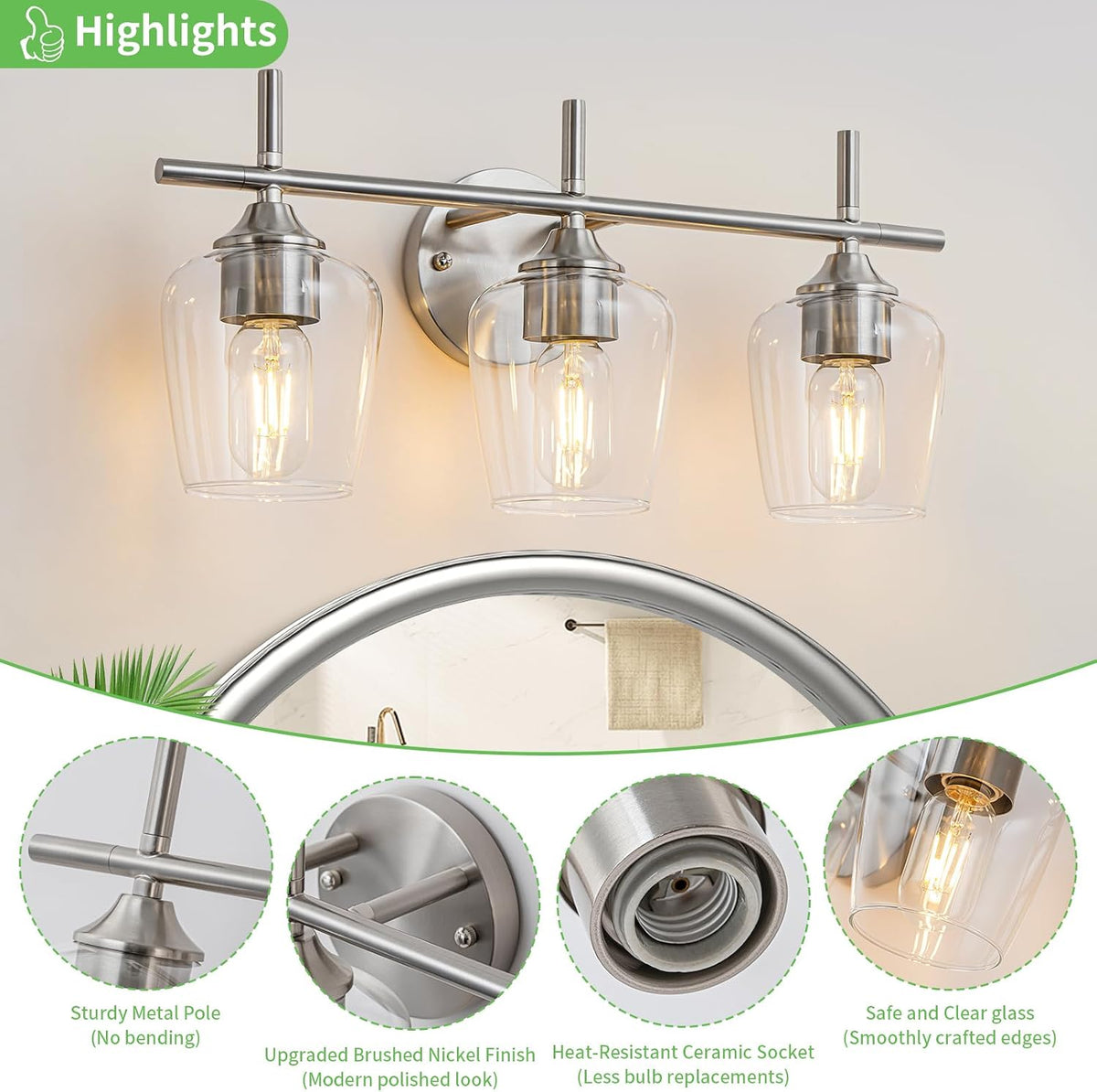 Brushed‑Nickel 3‑Light Clear‑Glass Bathroom Vanity Light