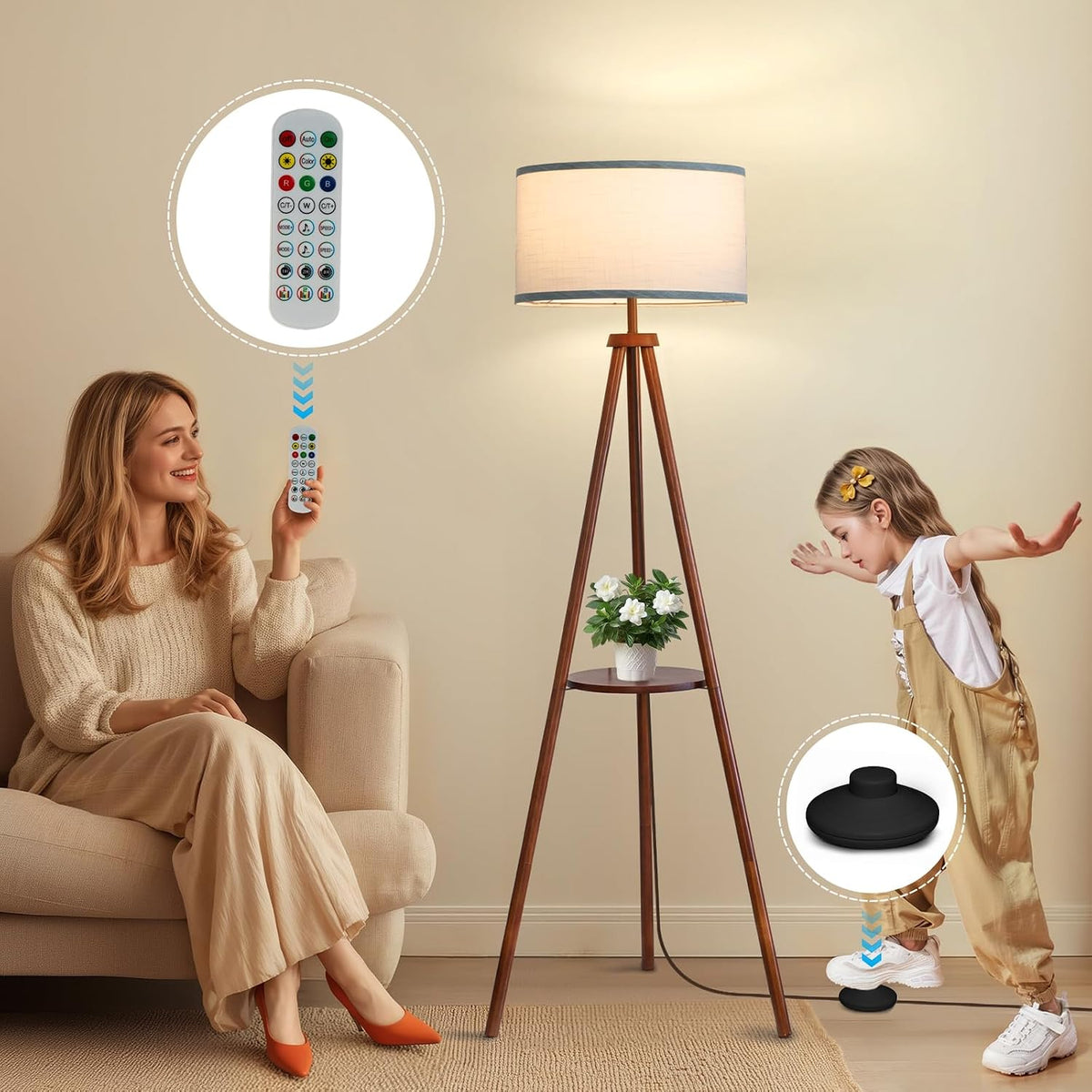 Walnut Modern Floor Lamp with Storage Shelf