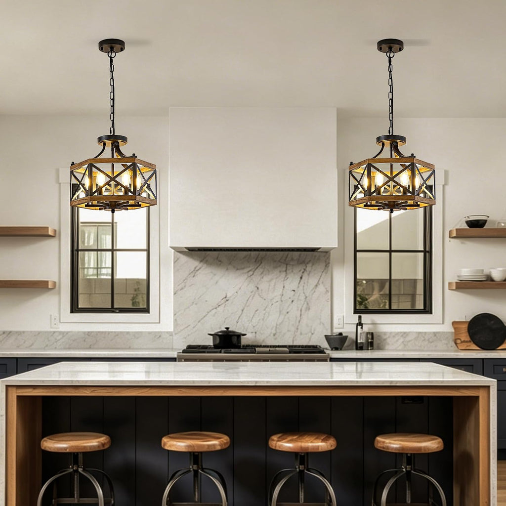 Farmhouse 6‑Light Wood‑Cage Dining Chandelier