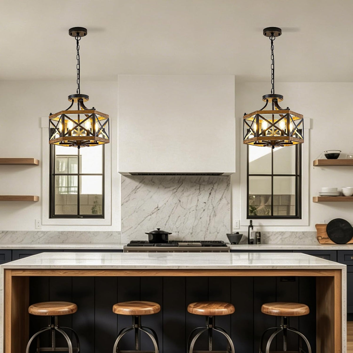Farmhouse 6‑Light Wood‑Cage Dining Chandelier