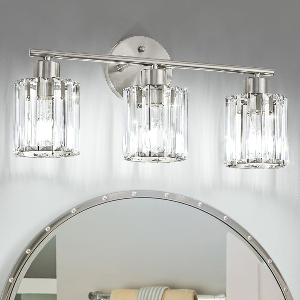 Brushed‑Nickel 3‑Light Crystal Bathroom Vanity Light