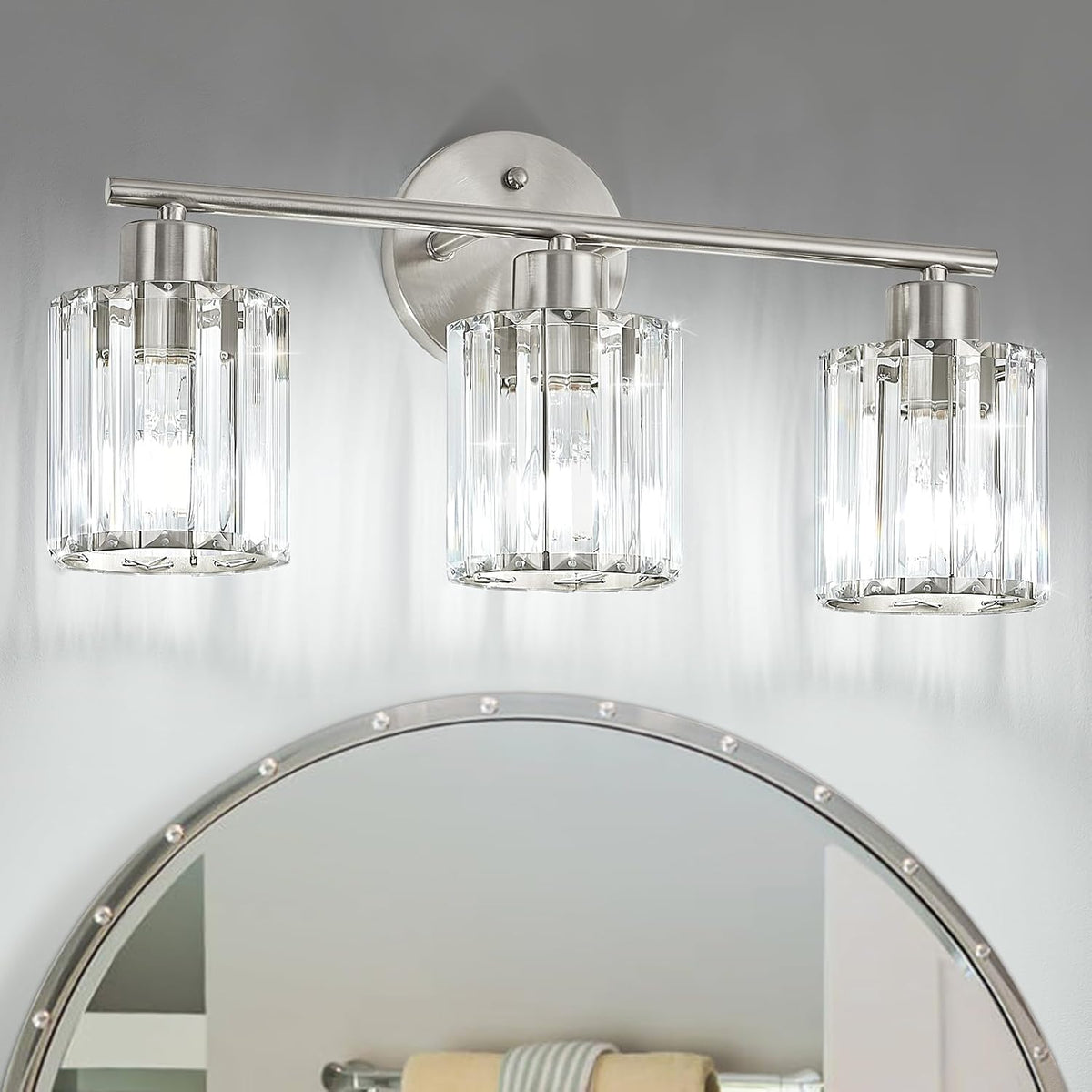 Brushed‑Nickel 3‑Light Crystal Bathroom Vanity Light