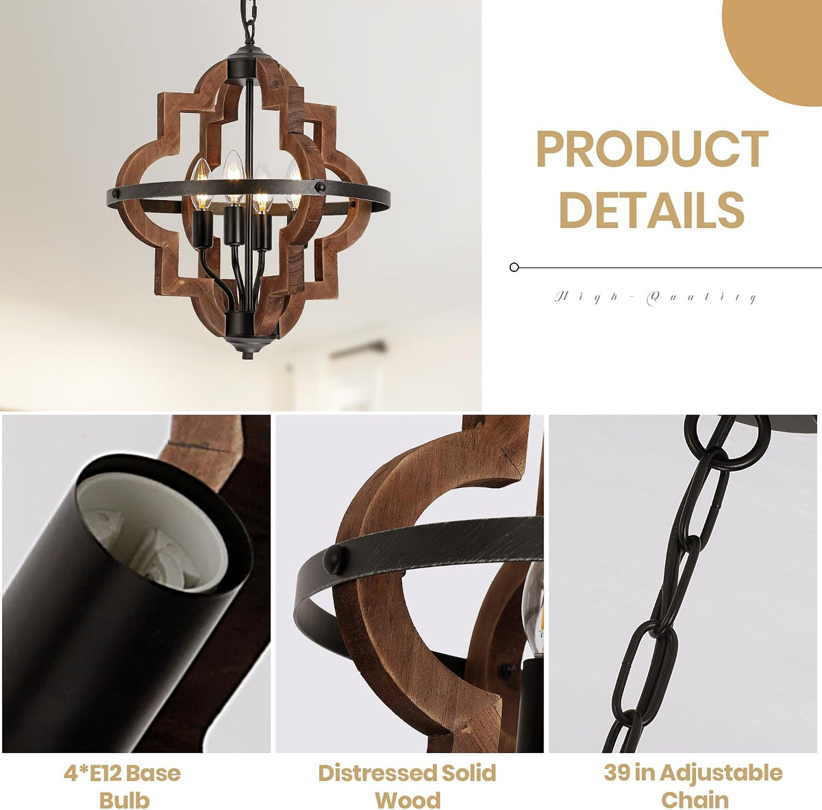 Farmhouse 4‑Light Wood‑Metal Cage Chandelier