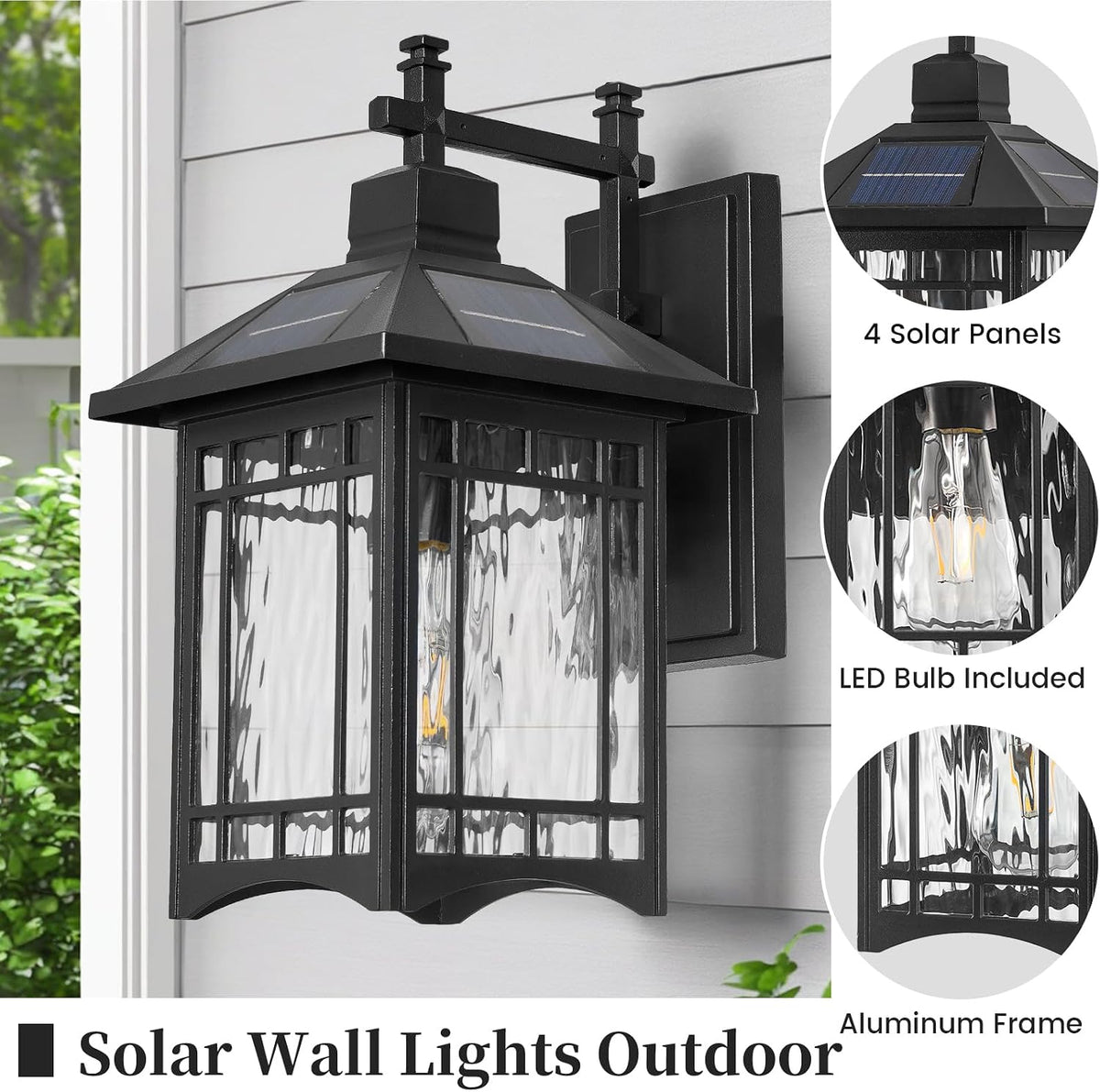 Black Water‑Pattern Glass Solar Outdoor Wall Sconce