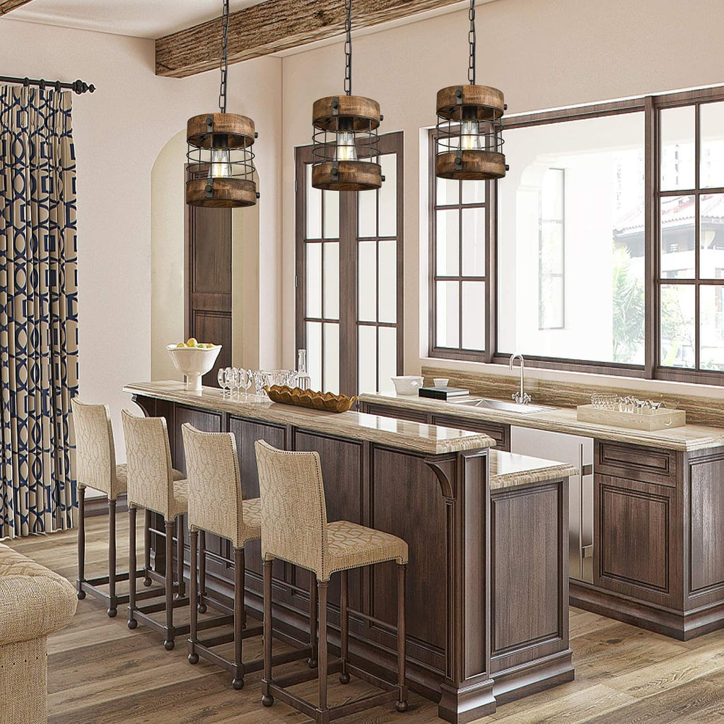 Retro‑Industrial 1‑Light Wood‑Metal Cage Pendant Light