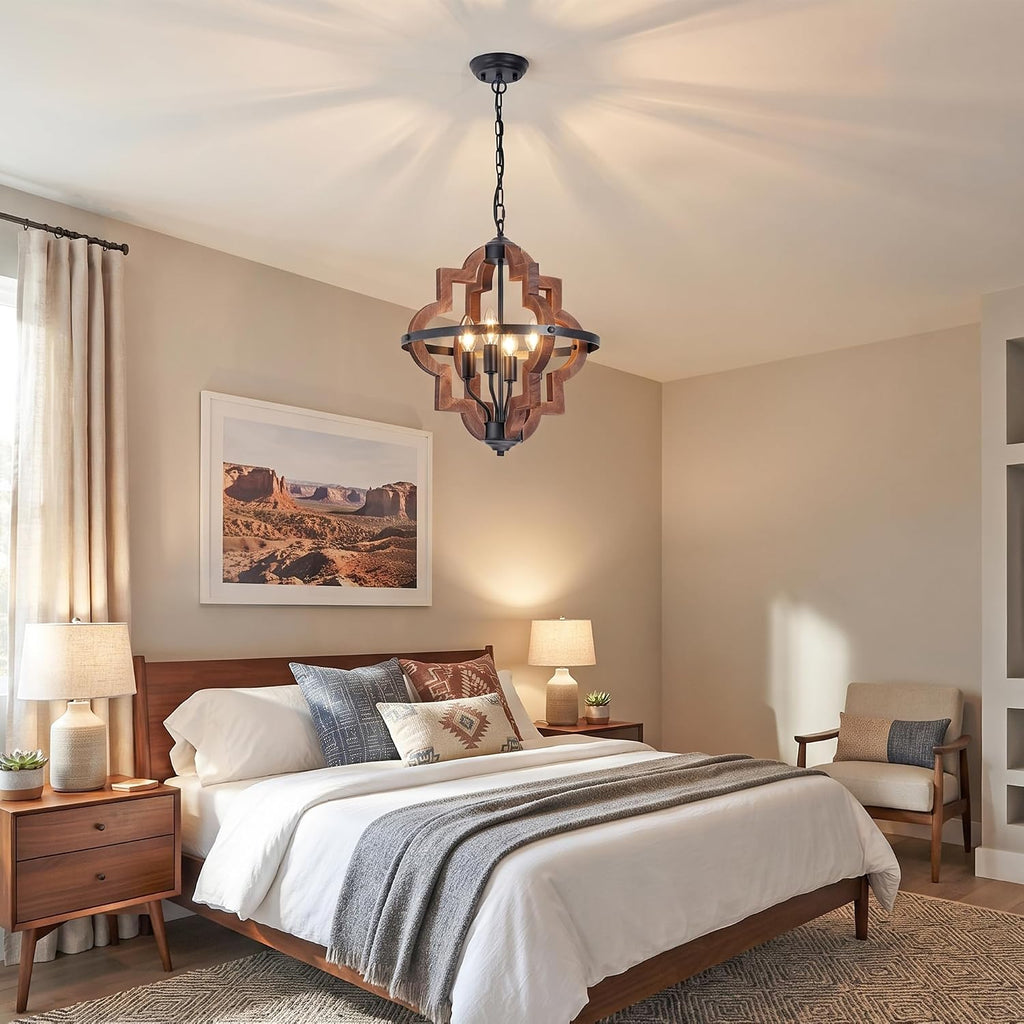 Farmhouse 4‑Light Wood‑Metal Cage Chandelier