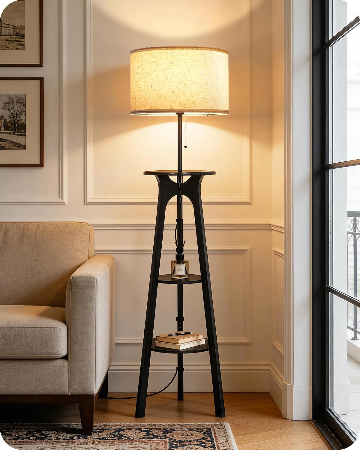 Wood Tripod 3‑Tier Shelf Floor Lamp with Linen Shade