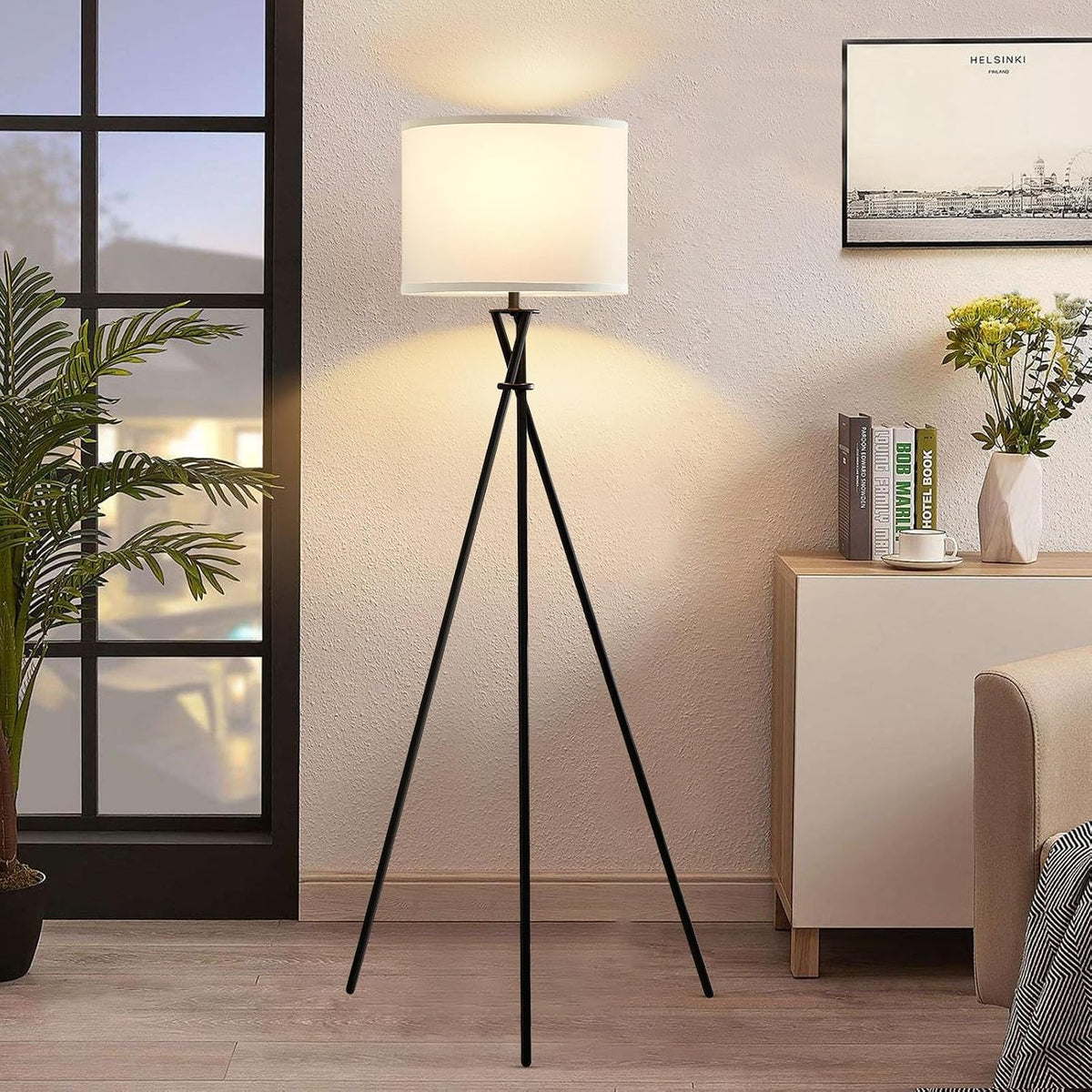 Black Tripod Modern Floor Lamp with White Shade