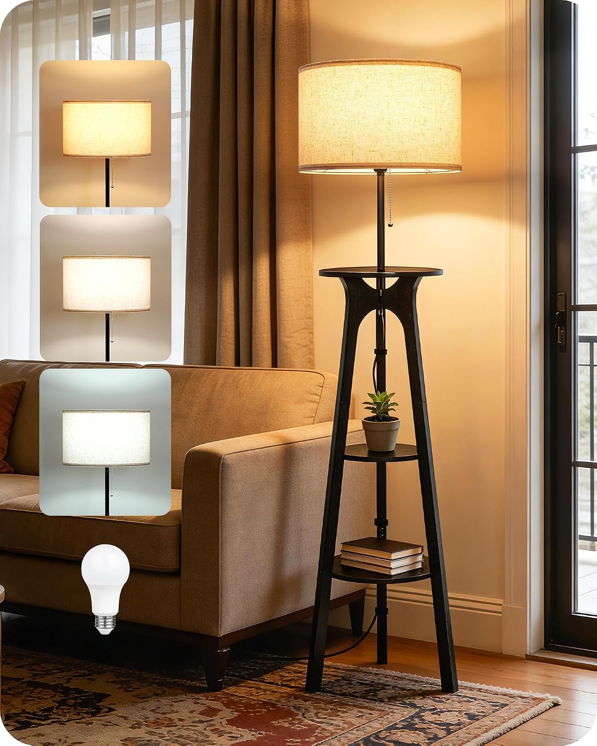Wood Tripod 3‑Tier Shelf Floor Lamp with Linen Shade