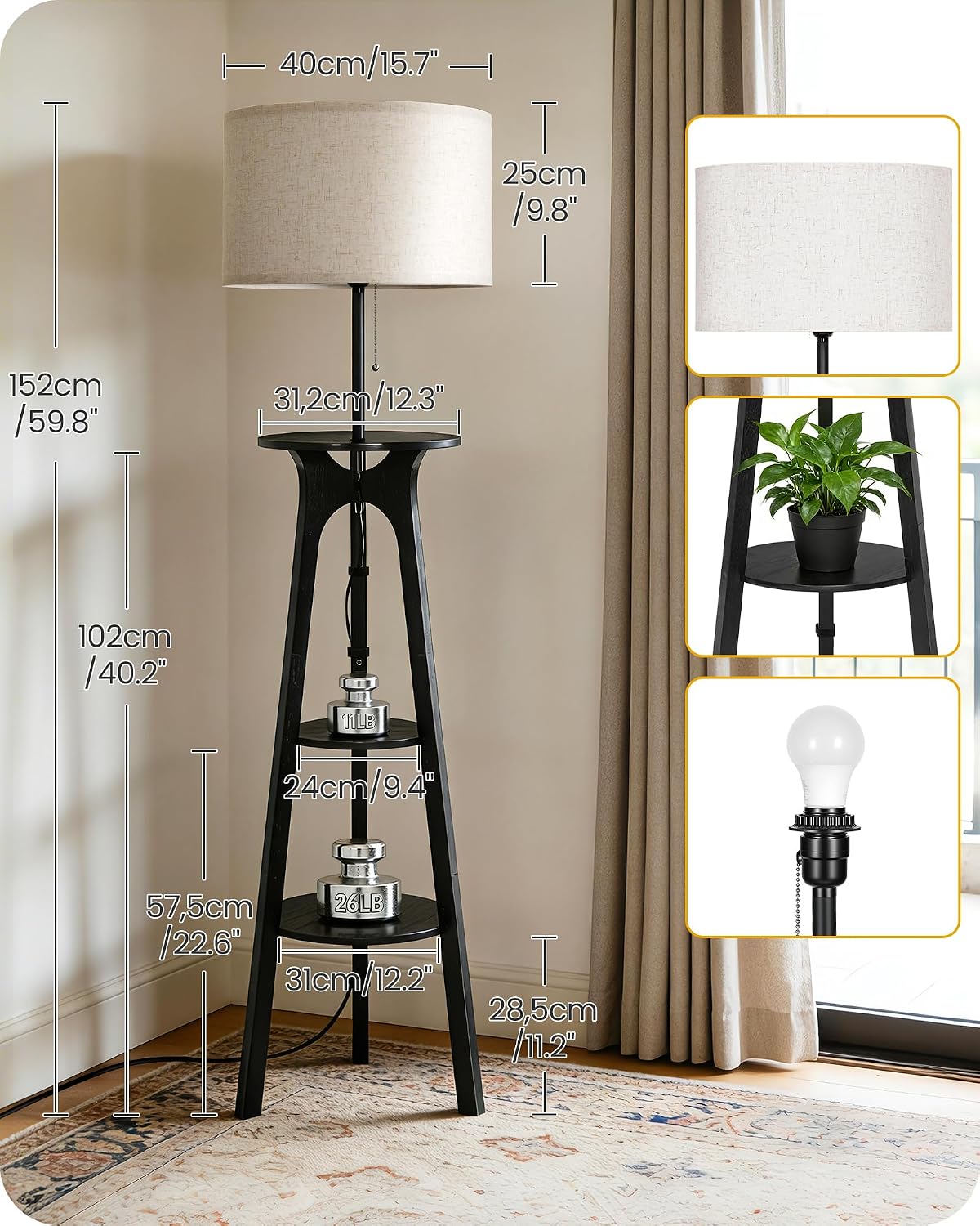 Wood Tripod 3‑Tier Shelf Floor Lamp with Linen Shade