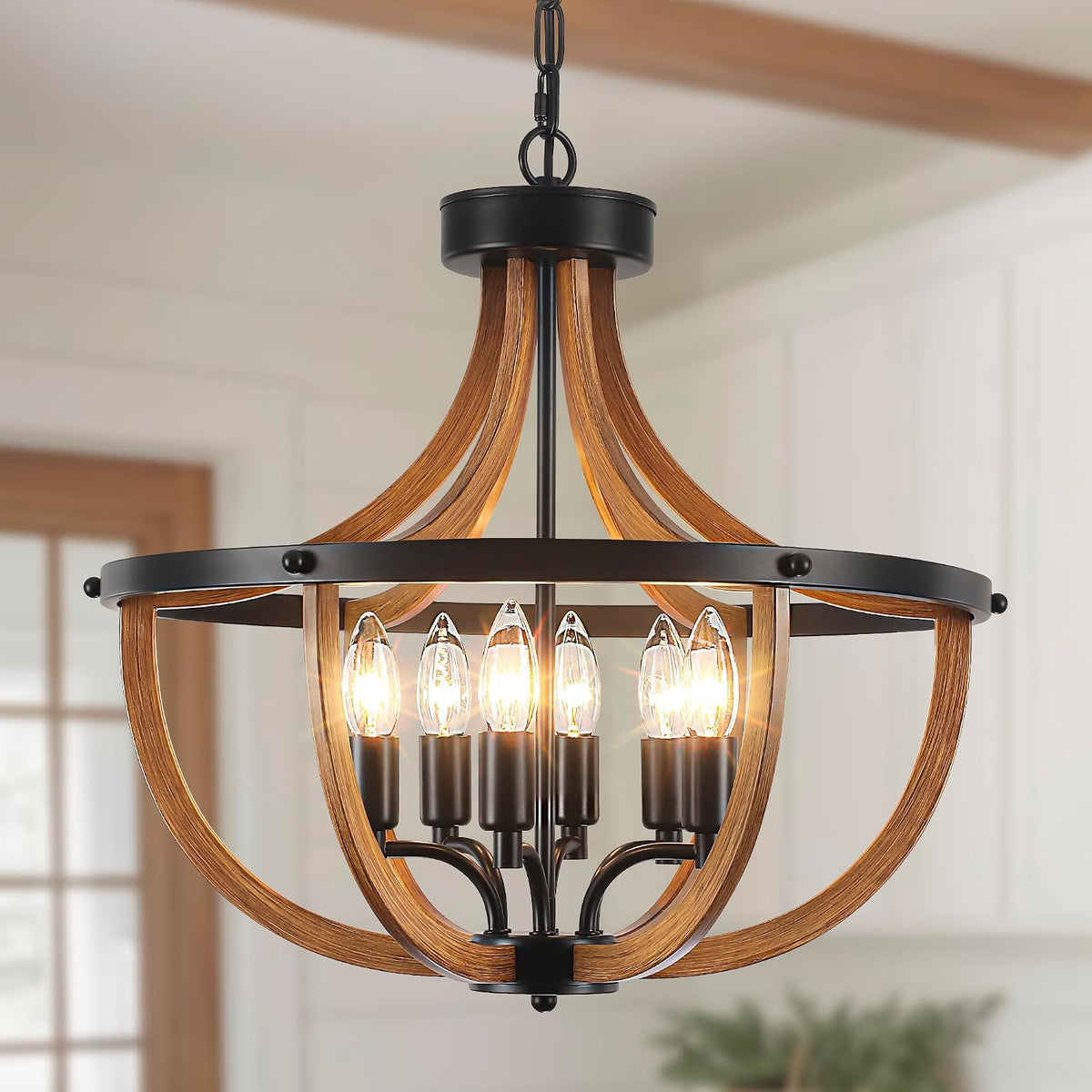 Vintage Farmhouse 6‑Light Wood Cage Pendant Chandelier
