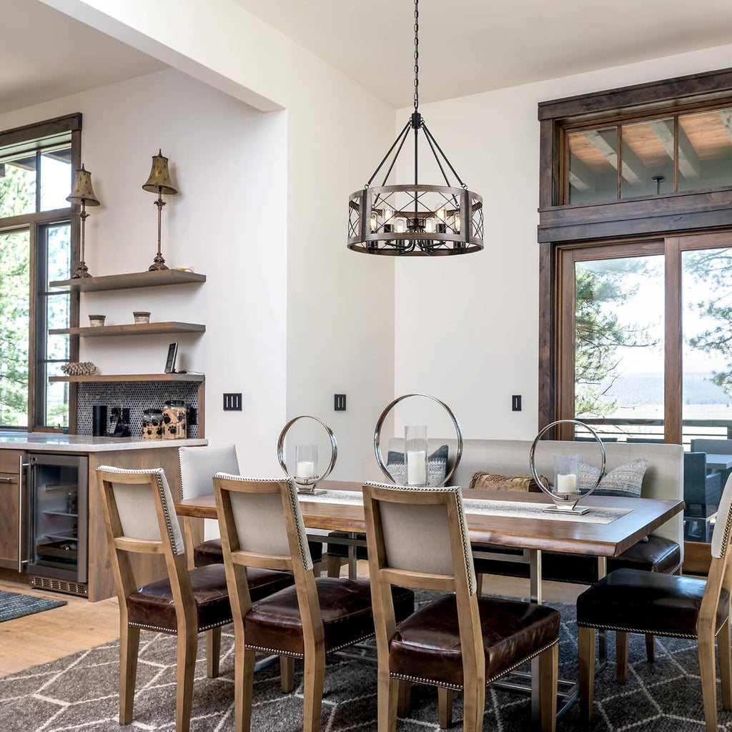 Farmhouse 6‑Light Drum‑Cage Wood‑Grain Chandelier