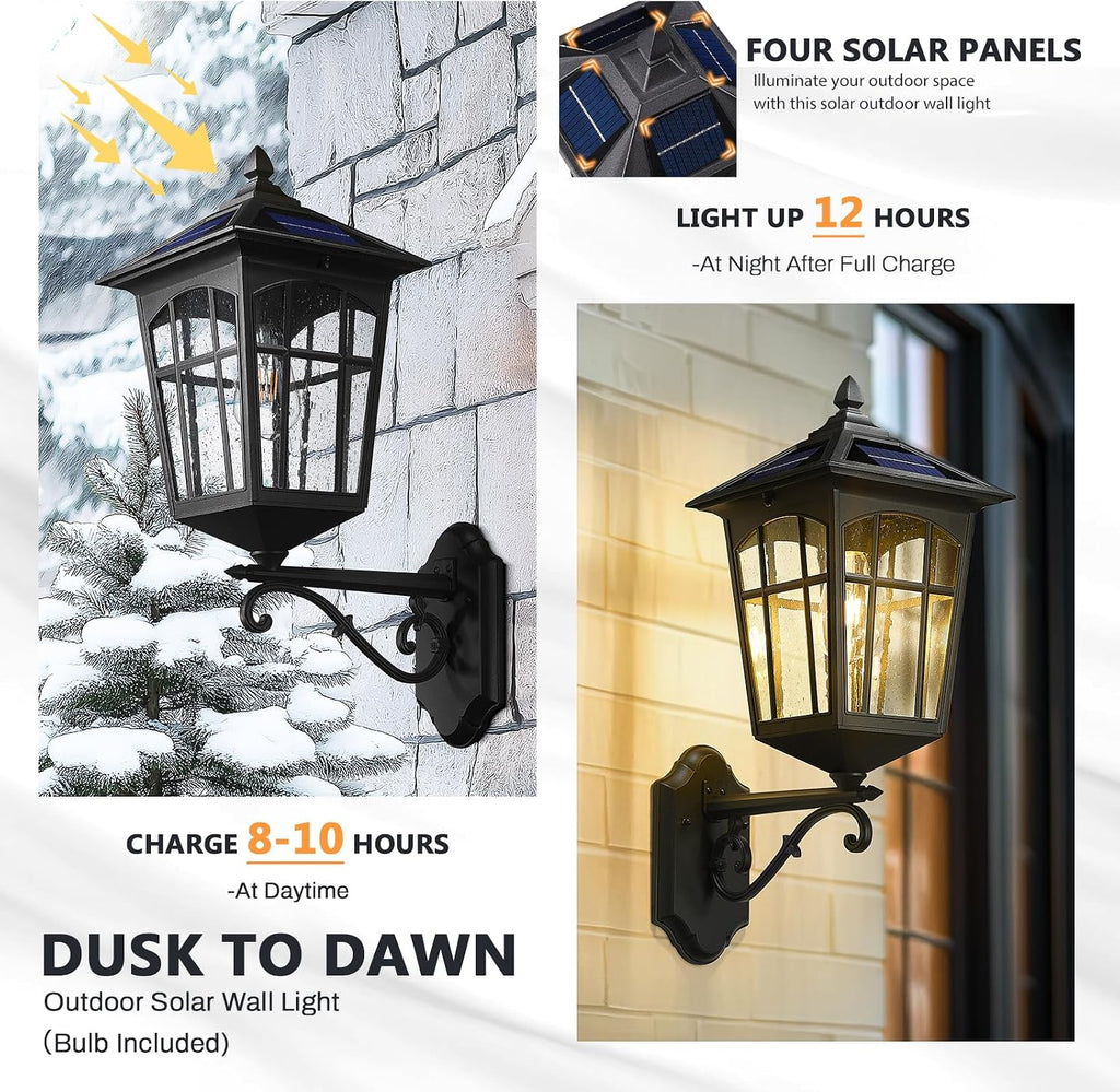 Black Solar Outdoor Wall Sconce with Seeded Glass