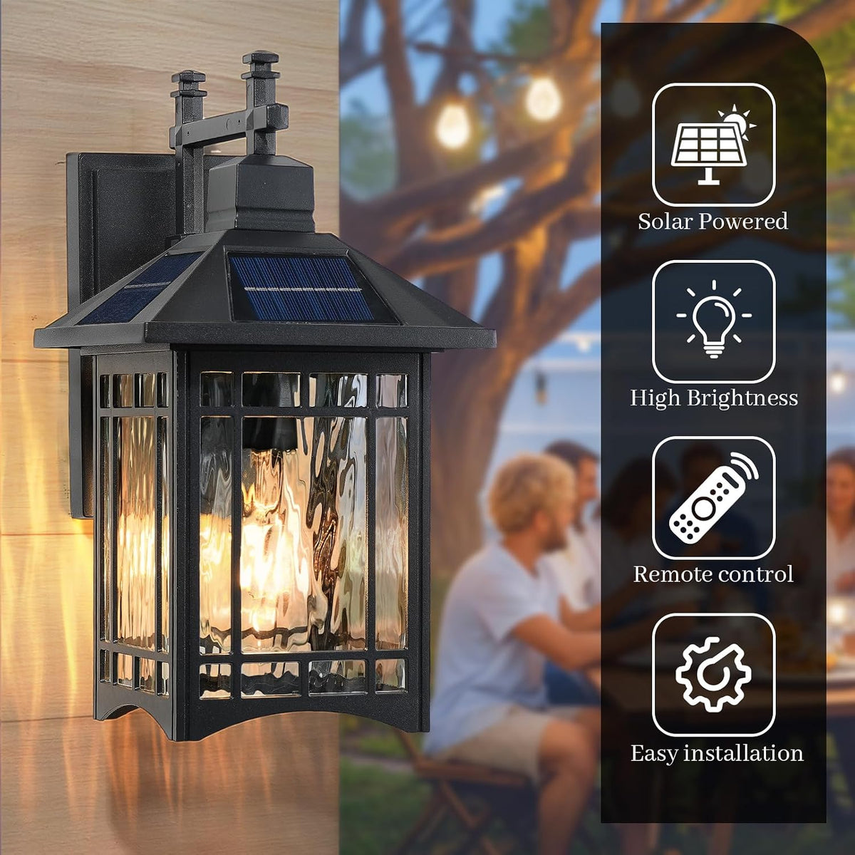 Black Water‑Pattern Glass Solar Outdoor Wall Sconce