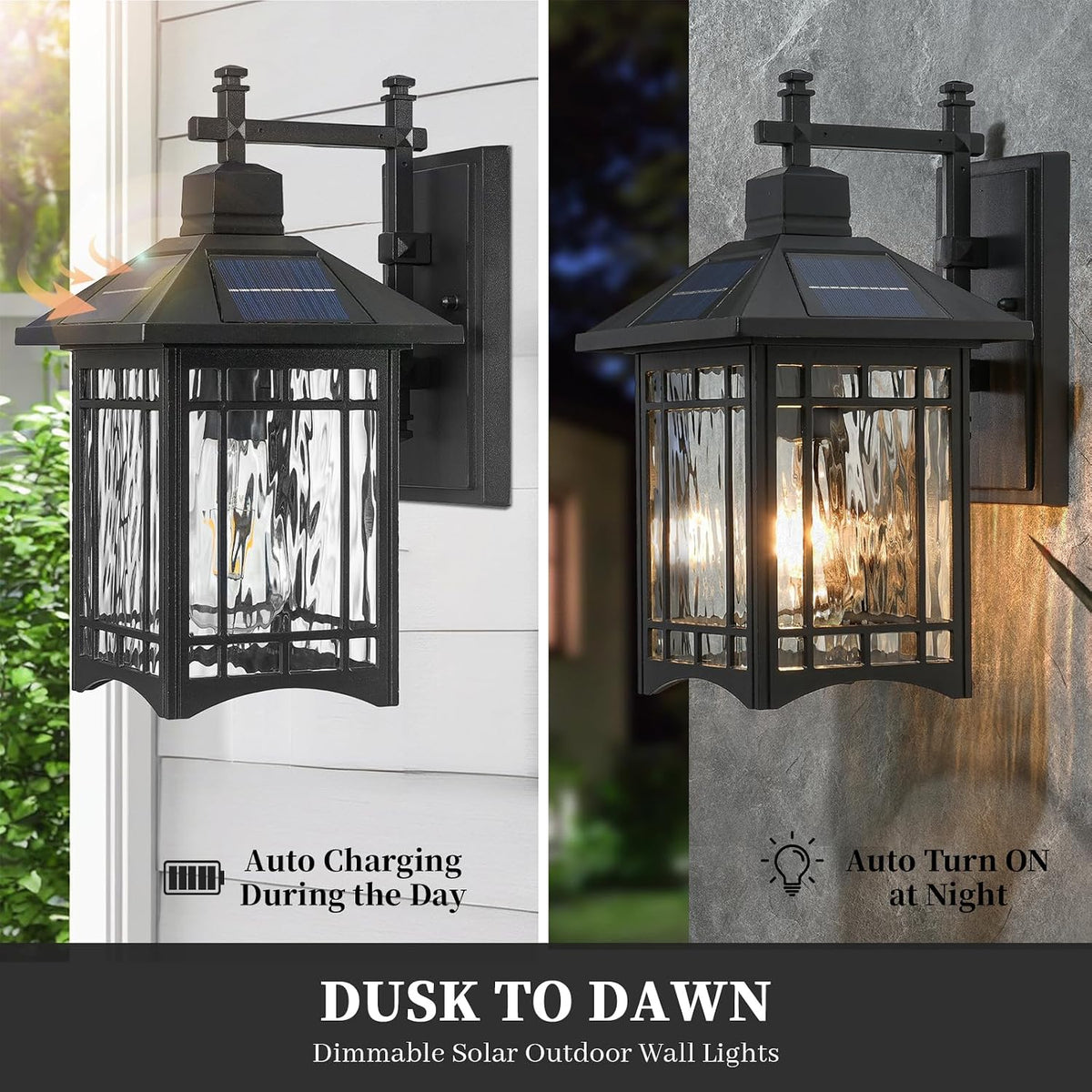 Black Water‑Pattern Glass Solar Outdoor Wall Sconce