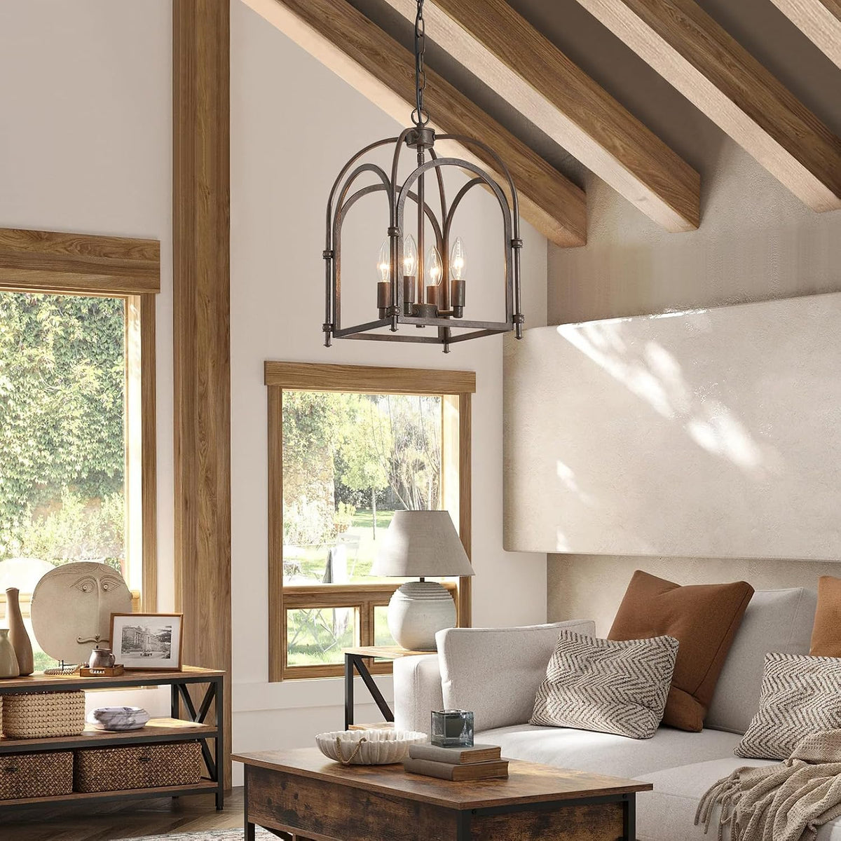 Farmhouse 4‑Light Lantern‑Cage Dining Chandelier