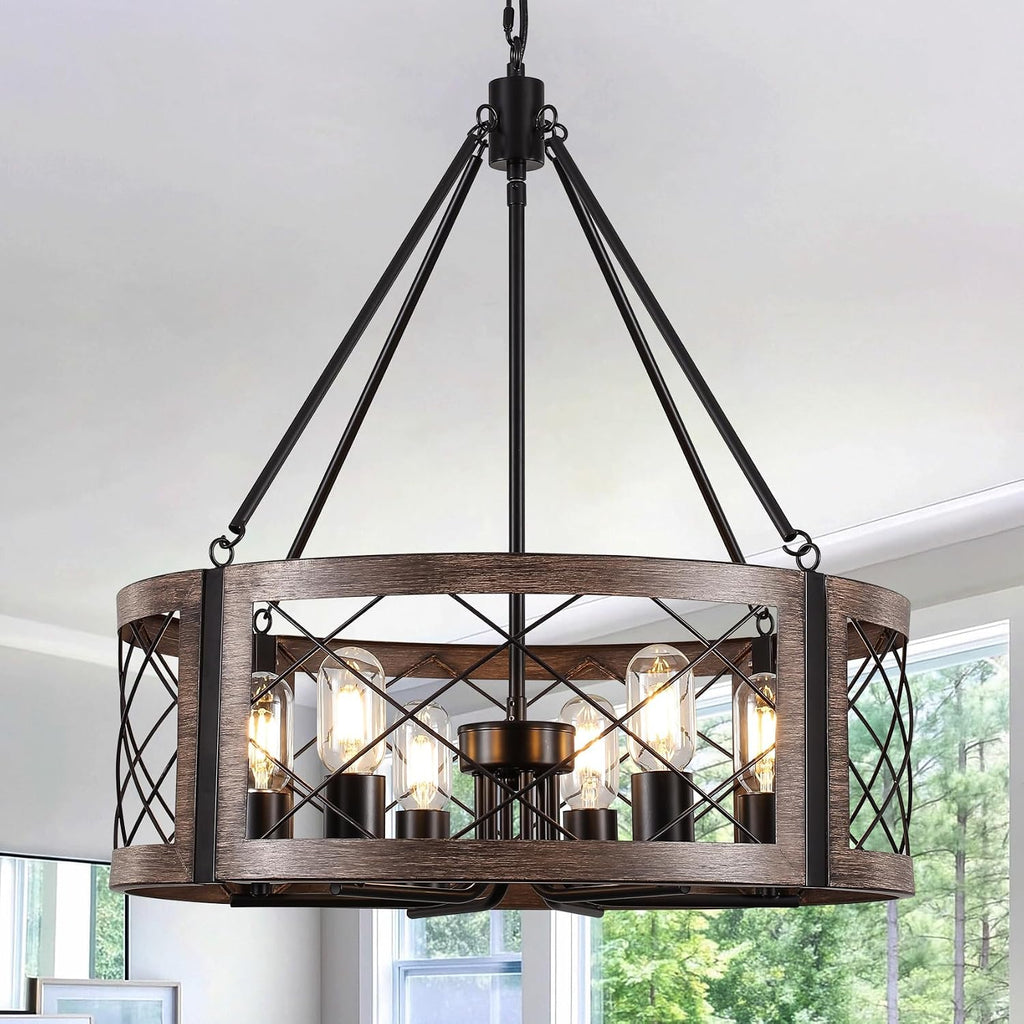 Farmhouse 6‑Light Drum‑Cage Wood‑Grain Chandelier