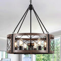 Farmhouse 6‑Light Drum‑Cage Wood‑Grain Chandelier
