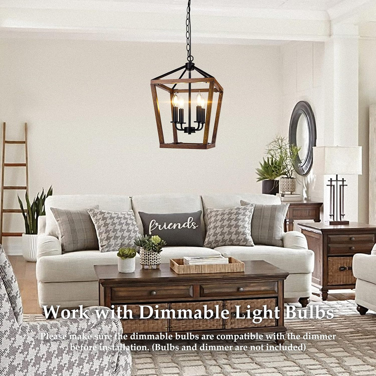Farmhouse 4‑Light Oak‑Wood Cage Pendant Chandelier