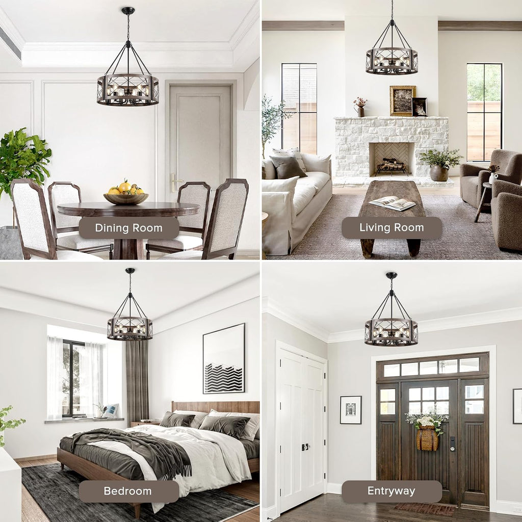 Farmhouse 6‑Light Drum‑Cage Wood‑Grain Chandelier