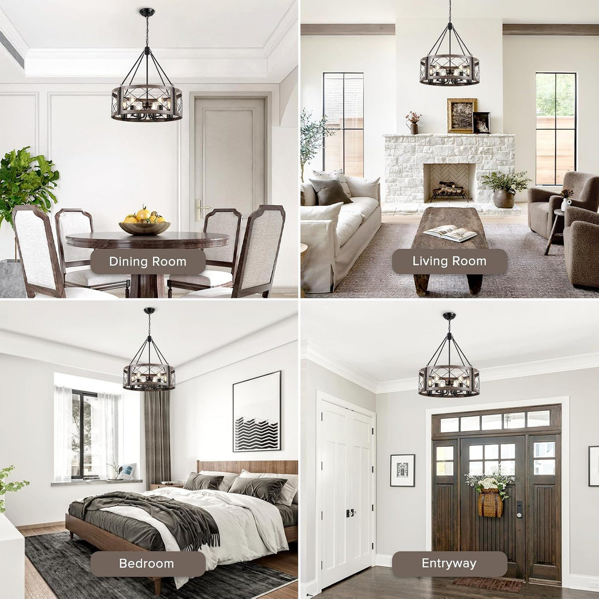 Farmhouse 6‑Light Drum‑Cage Wood‑Grain Chandelier
