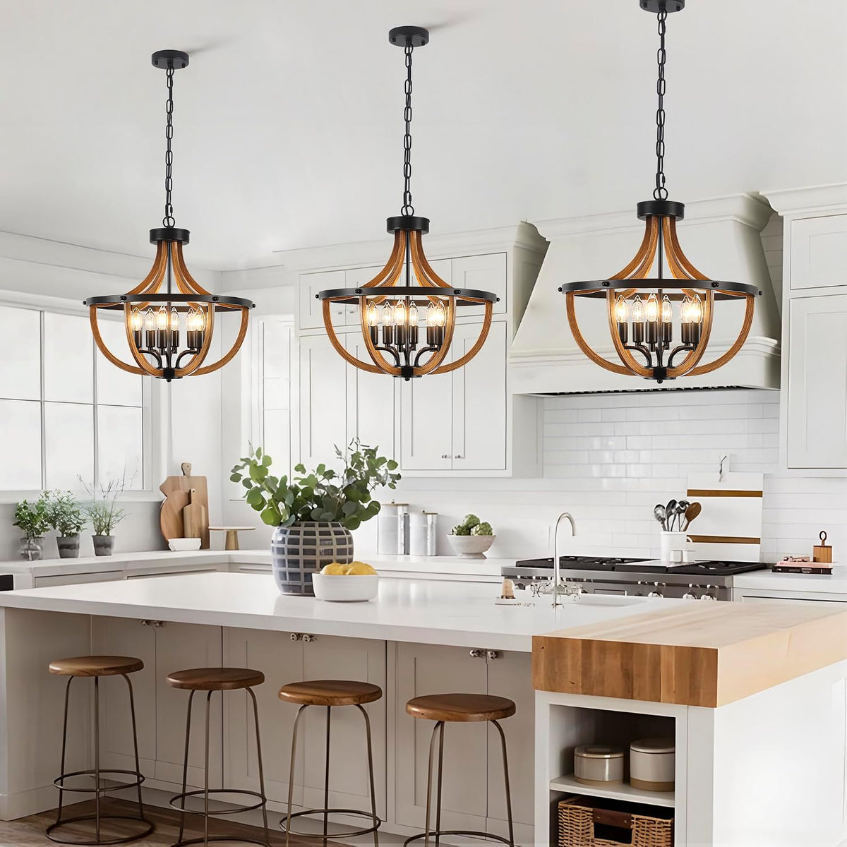 Vintage Farmhouse 6‑Light Wood Cage Pendant Chandelier