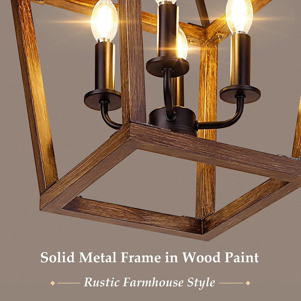 Farmhouse 4‑Light Oak‑Wood Cage Pendant Chandelier