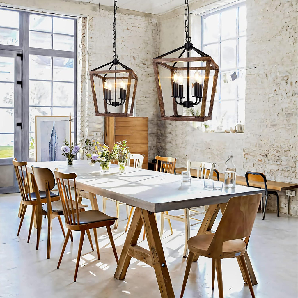 Farmhouse 4‑Light Oak‑Wood Cage Pendant Chandelier