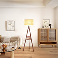 Mid‑Century Tripod Shelf Floor Lamp with Linen Shade