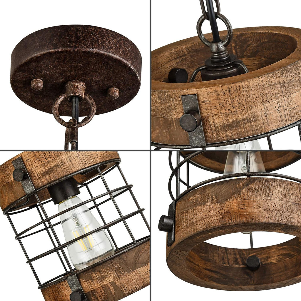 Retro‑Industrial 1‑Light Wood‑Metal Cage Pendant Light