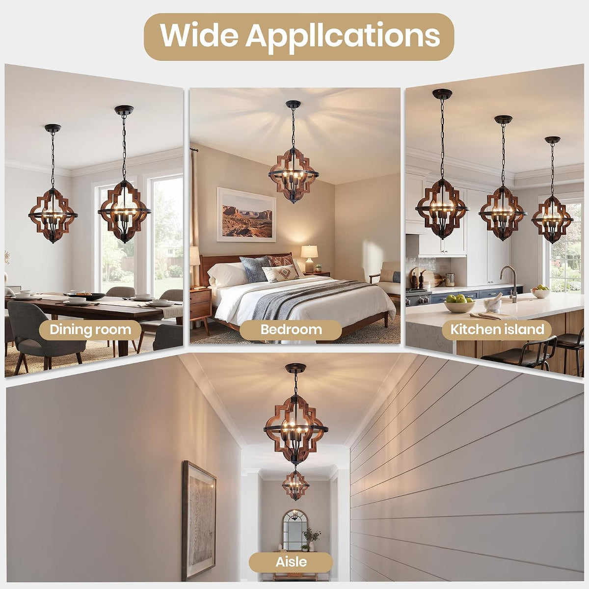 Farmhouse 4‑Light Wood‑Metal Cage Chandelier