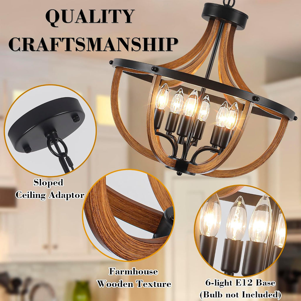 Vintage Farmhouse 6‑Light Wood Cage Pendant Chandelier