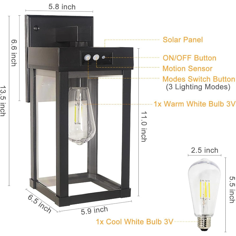 3‑Mode Motion Sensor Waterproof Solar Outdoor Wall Lantern