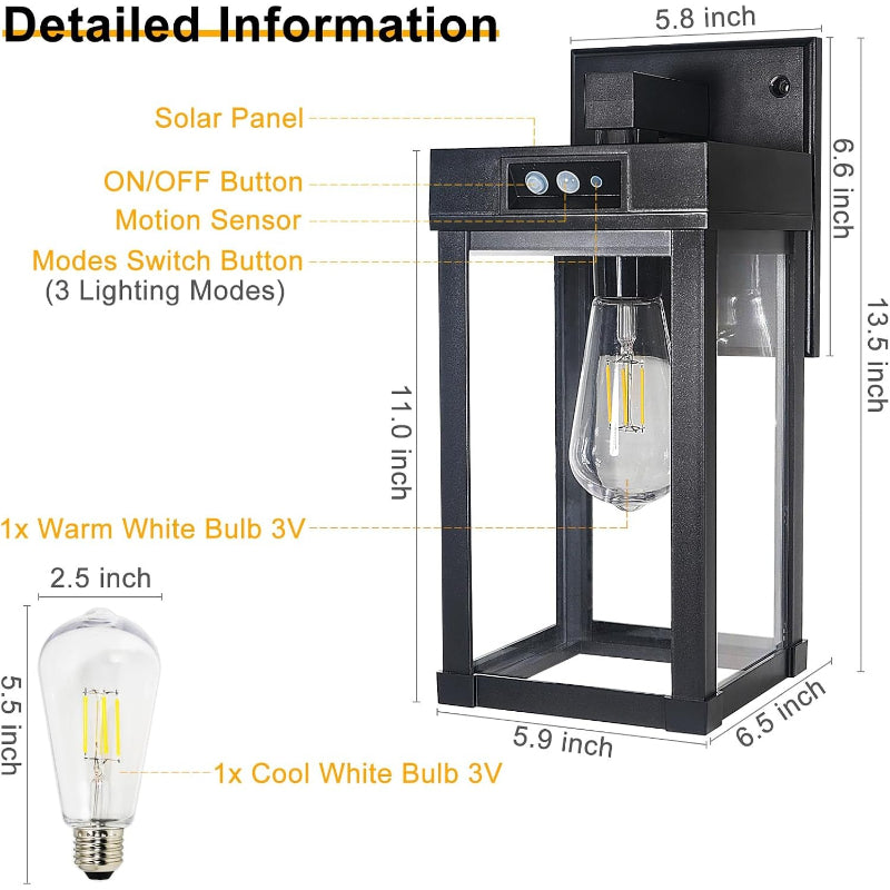 2‑Pack 3‑Mode Motion Sensor Solar Outdoor Wall Sconce Lantern