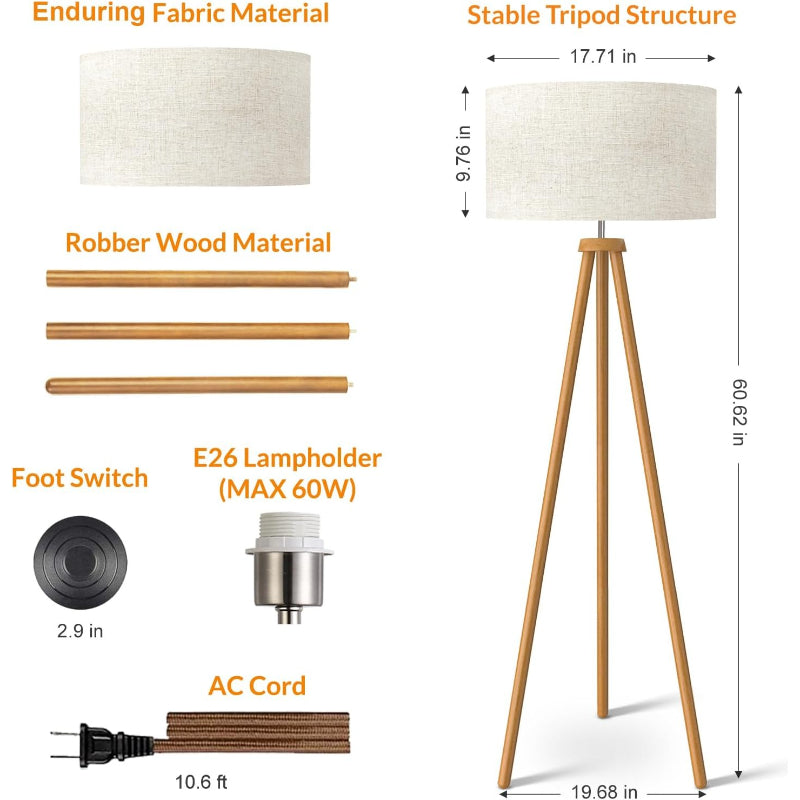 Mid‑Century Wood Tripod Floor Lamp with Flaxen Shade