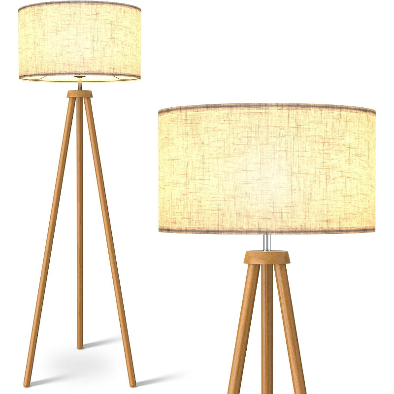 Mid‑Century Wood Tripod Floor Lamp with Flaxen Shade