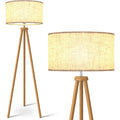 Mid‑Century Wood Tripod Floor Lamp with Flaxen Shade